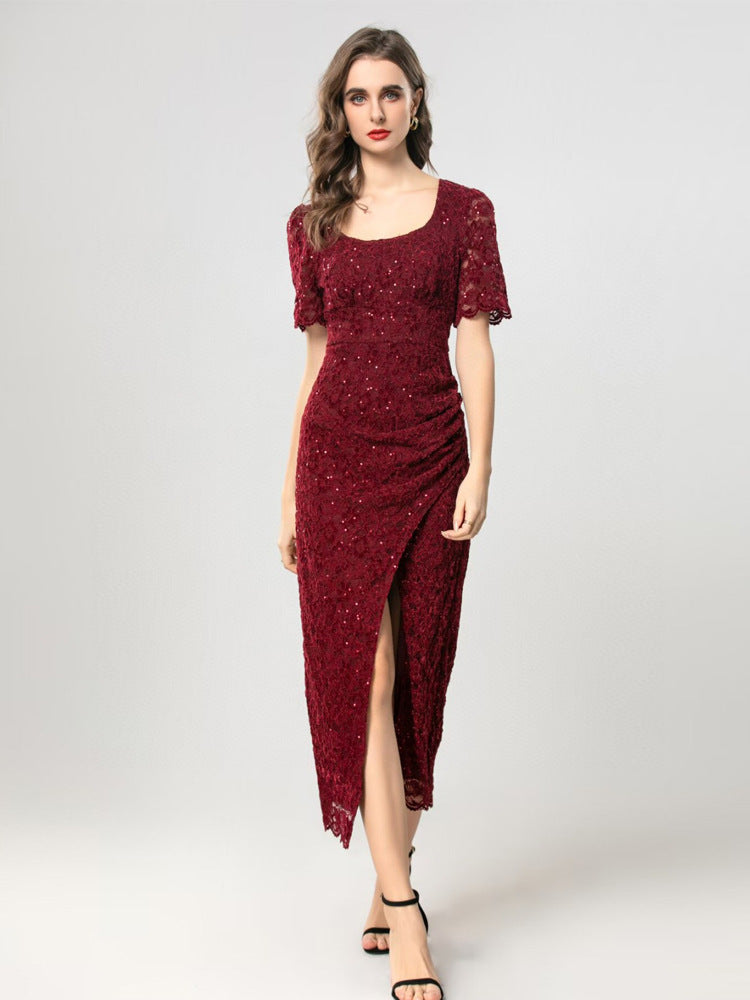 Robe Longue Bohème en Dentelle Fendue pour Vacances — vue principale | Porivana