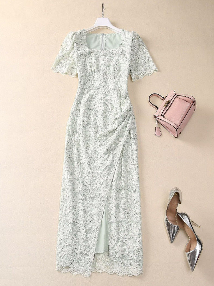 Robe Longue Bohème en Dentelle Fendue pour Vacances — porté en situation | Porivana