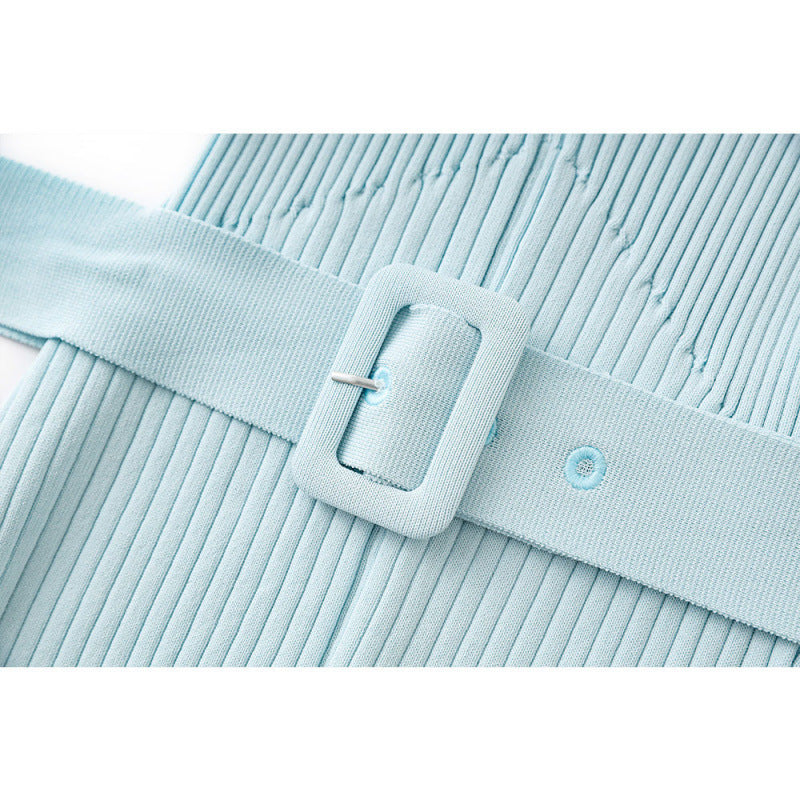Robe Midi Bohème en Maille Ceinturée pour Vacances — bleu clair — détail 2 | Porivana