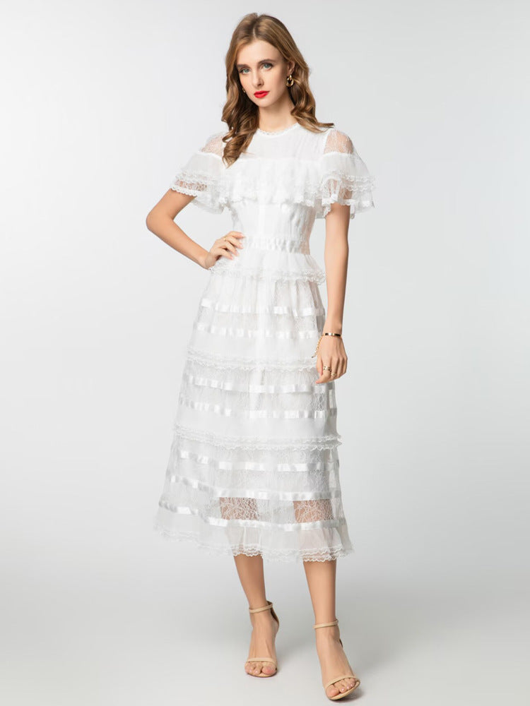 Robe Courte en Dentelle à Volants pour le Quotidien — blanc — vue principale | Porivana