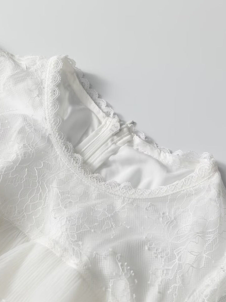Robe Courte en Dentelle à Volants pour le Quotidien — blanc — détail 2 | Porivana