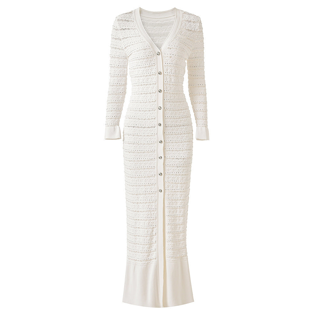 Robe Midi Boutonnée en Maille Ajourée pour Soirée — porté en situation | Porivana