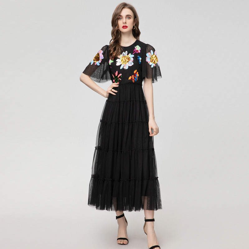 Robe Longue en Tulle Brodé à Étages pour Soirée — noir — vue principale | Porivana