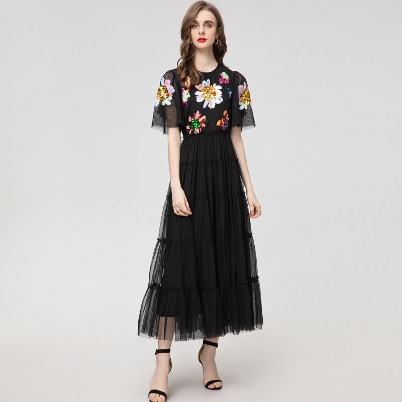 Robe Longue en Tulle Brodé à Étages pour Soirée — noir — détail 2 | Porivana