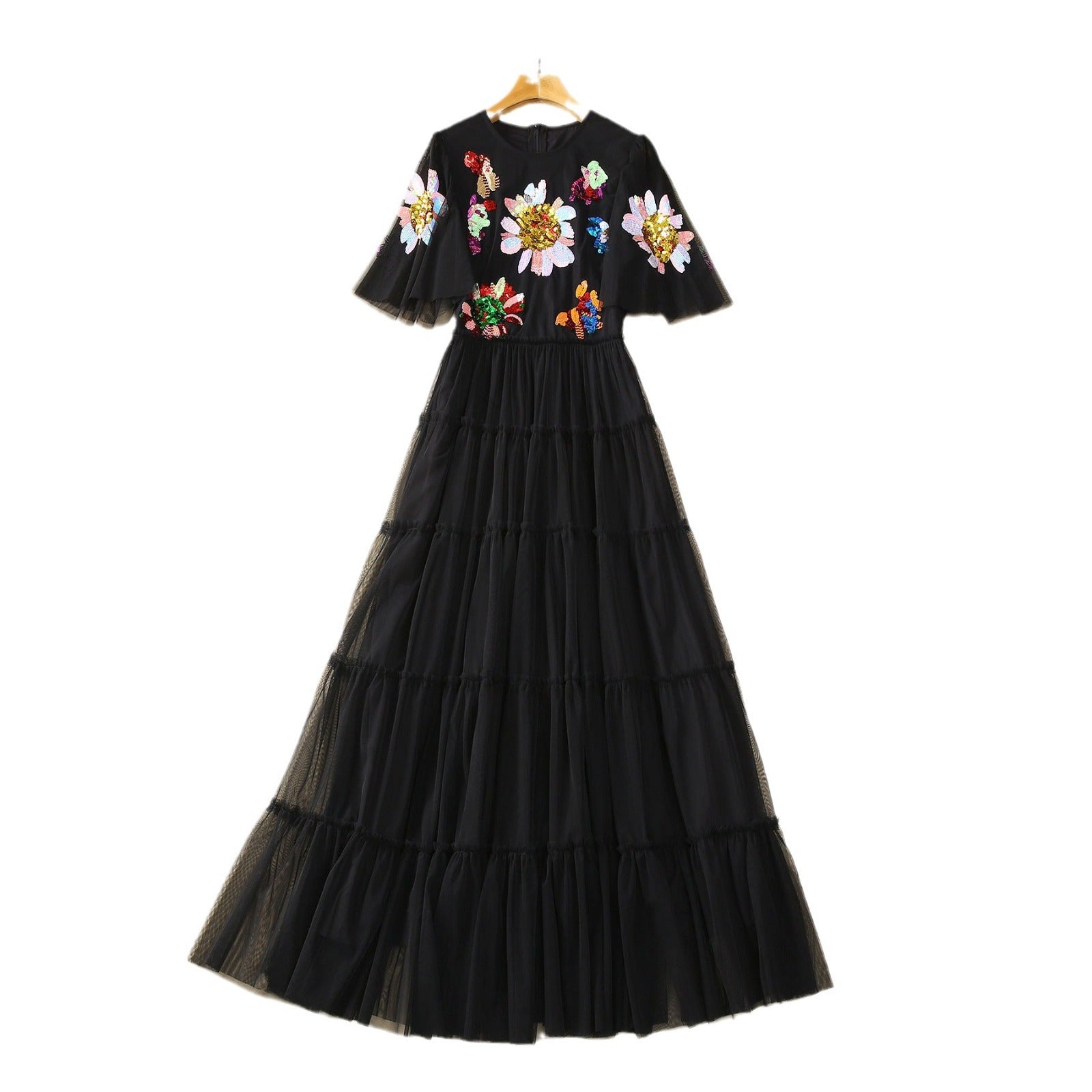 Robe Longue en Tulle Brodé à Étages pour Soirée — noir — détail 5 | Porivana