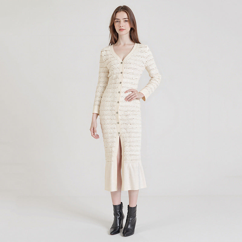Robe Midi Boutonnée en Maille Ajourée pour Soirée — vue principale | Porivana