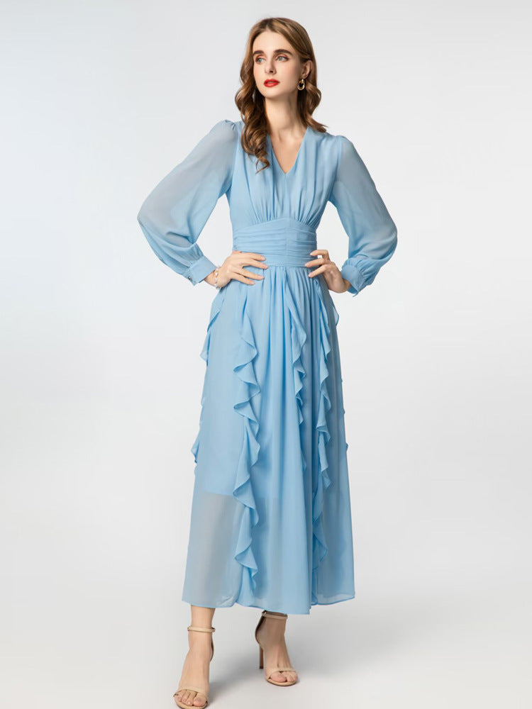 Robe Longue en Mousseline Drapée à Manches Bouffantes pour Gala — bleu — vue principale | Porivana