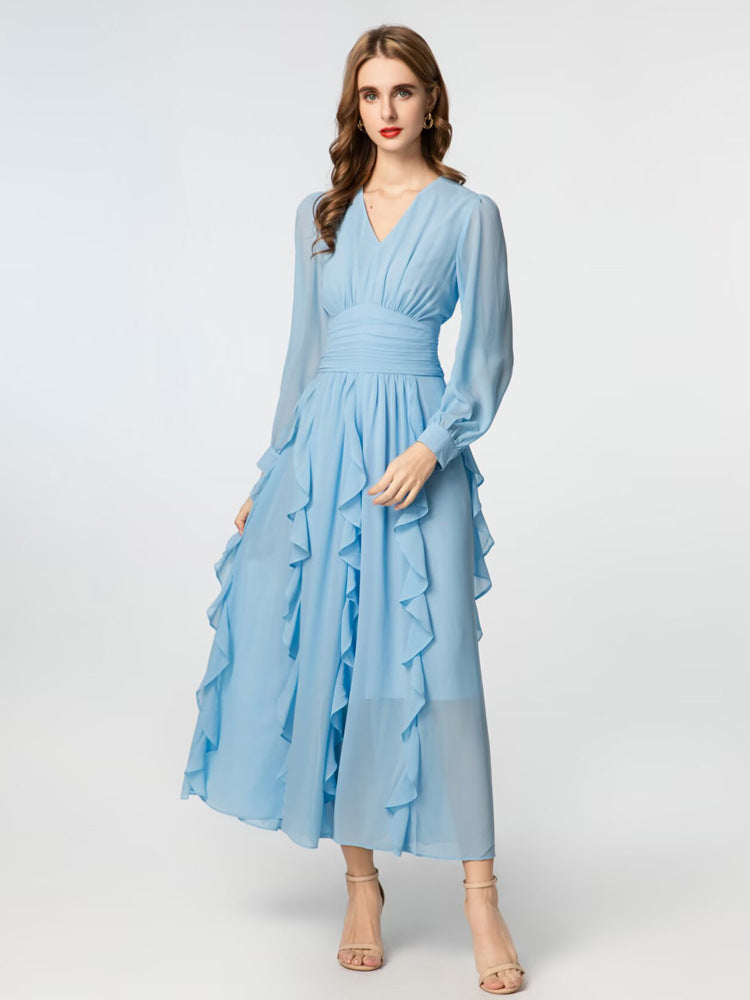 Robe Longue en Mousseline Drapée à Manches Bouffantes pour Gala — bleu — détail 2 | Porivana