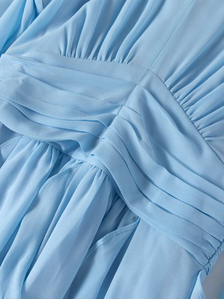 Robe Longue en Mousseline Drapée à Manches Bouffantes pour Gala — bleu — détail 3 | Porivana