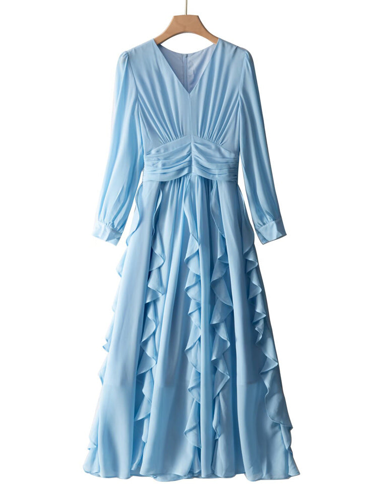 Robe Longue en Mousseline Drapée à Manches Bouffantes pour Gala — bleu — porté en situation | Porivana