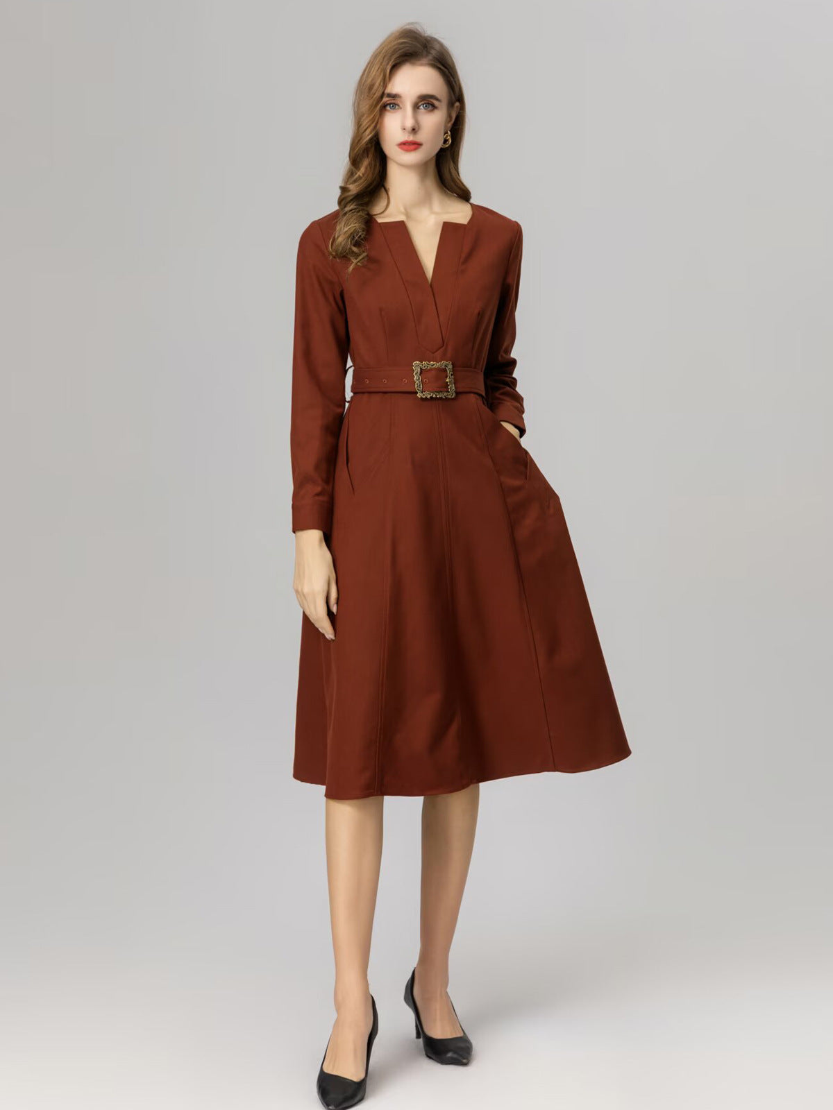 Robe Midi Ceinturée à Manches Longues pour Gala — vue principale | Porivana