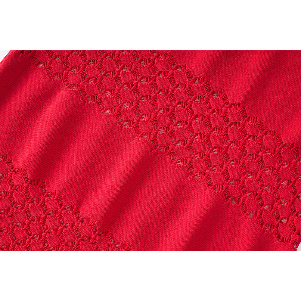 Robe en Maille Mi-Longue Extensible pour Bureau — rouge — détail 3 | Porivana