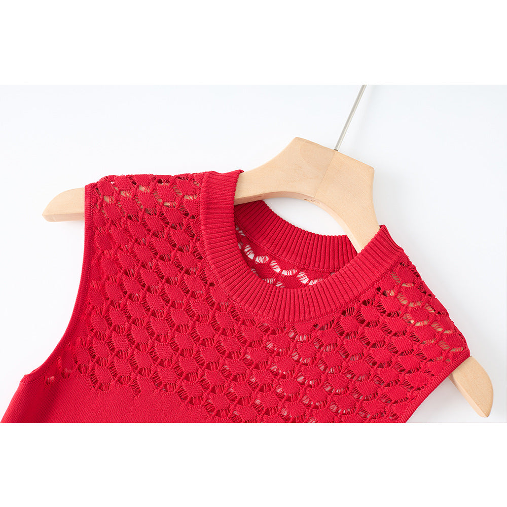 Robe en Maille Mi-Longue Extensible pour Bureau — rouge — détail 2 | Porivana