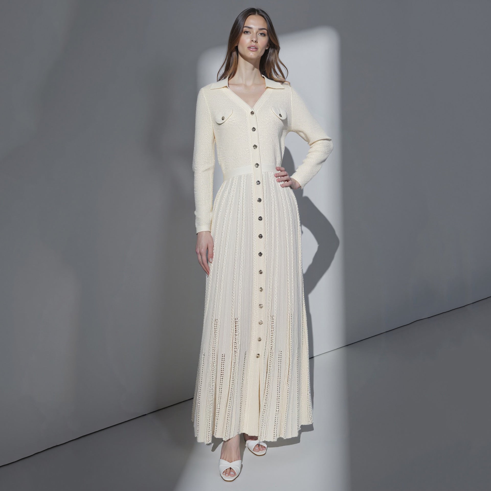 Robe Longue Satinée Boutonnée Style Chemisier pour Réception — blanc — détail 2 | Porivana